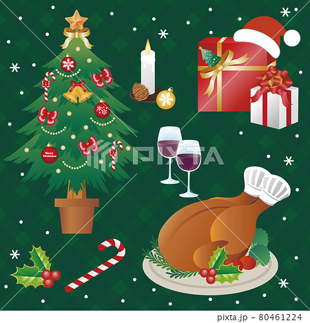 クリスマス クリスマスツリー ローストチキン 料理 チキン シンプル 背景 イラスト素材セットのイラスト素材