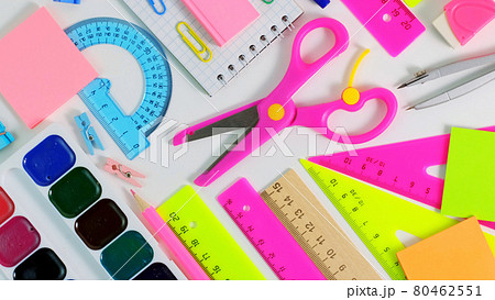 Colorful School Stationery. Back to school Education concept. School pupil Stationery.Top view, Flat Lay Colorful School Stationery. Back to school Education concept. School pupil Stationery.Top view, Flat Lay 80462551