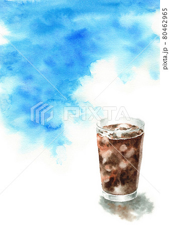 アナログ水彩夏の青空とアイスコーヒーのイラスト素材