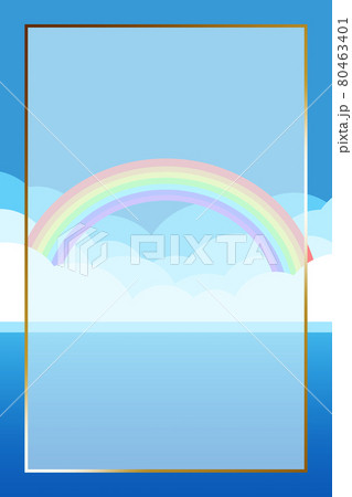 海と虹の背景 長方形 縦 ゴールド枠のイラスト素材