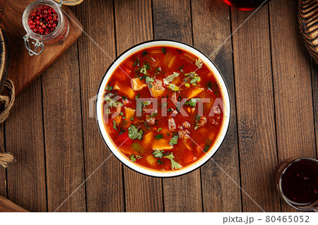 Uzbek nan zharkop stewed soup with meat and dough 80465052