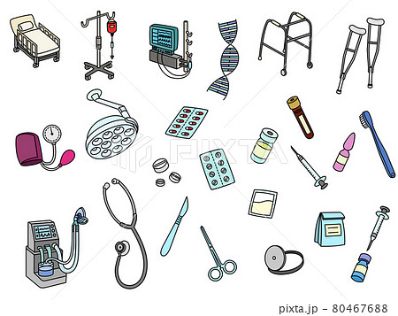 医療機器 カラー 医療器具 注射器 人工呼吸器 松葉杖 薬 ワクチン等のイラスト素材