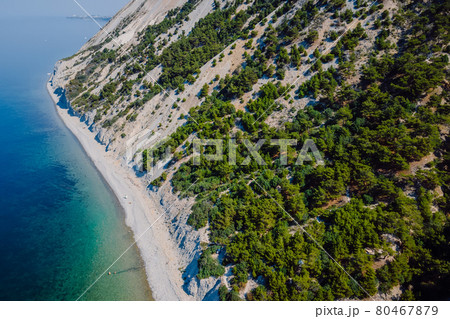Coastline with sea and highest cliff with trees. Summer day on sea. Aerial view Coastline with sea and highest cliff with trees. Summer day on sea. Aerial view 80467879