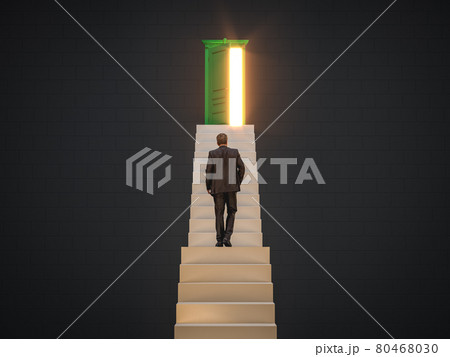 Businessman walking up on stairs to the door of opportunity for career development or business decision for new challenge, success and achievement concept, 3d rendering Businessman walking up on stairs to the door of opportunity for career development or business decision for new challenge, success and achievement concept, 3d rendering 80468030