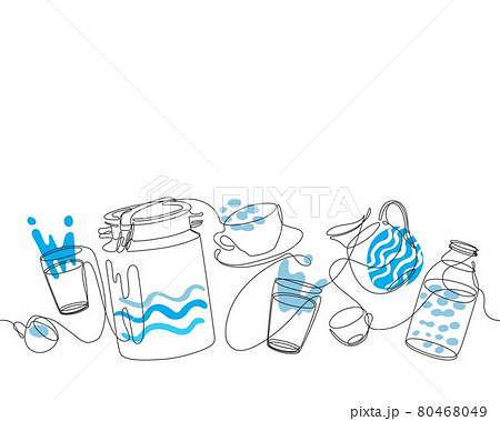 Milk can, jug, glass and bottle. Kitchen pattern. Cooking. One line drawing. Milk can, jug, glass and bottle. Kitchen pattern. Cooking. One line drawing. 80468049