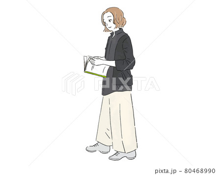 立ち姿で本を読むオフィスカジュアルな服を着た女性のイラスト素材