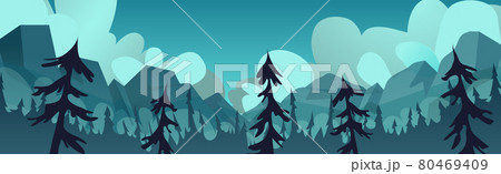 Panoramic mountain evening landscape on the background of a dense forest - Vector 80469409