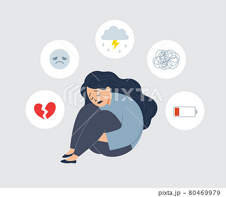 Mental health concept. Young woman is sitting on floor. She feeling sad and hopeless Suffer from depression. 80469979