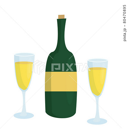 Champagne Bottle Without Label and Two Glasses 80470895