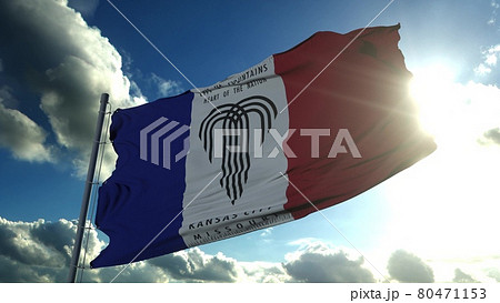Kansas city flag, city of USA or United States of America, waving at wind in blue sky. 3d rendering 80471153
