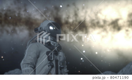 Astronaut stands on the surface of the alien planet among craters. Space exploration concept. 3d rendering Astronaut stands on the surface of the alien planet among craters. Space exploration concept. 3d rendering 80471190