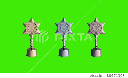 Spinning gold, silver and bronze trophies isolated on green screen. 3d rendering Spinning gold, silver and bronze trophies isolated on green screen. 3d rendering 80471303
