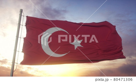 Flag of Turkey waving in the wind against deep beautiful clouds sky. 3d rendering Flag of Turkey waving in the wind against deep beautiful clouds sky. 3d rendering 80471306
