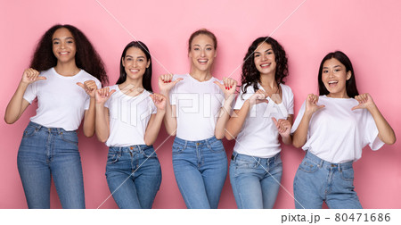 Five Multiethnic Women Pointing Thumbs At Themselves, Pink Background, Panorama Five Multiethnic Women Pointing Thumbs At Themselves, Pink Background, Panorama 80471686