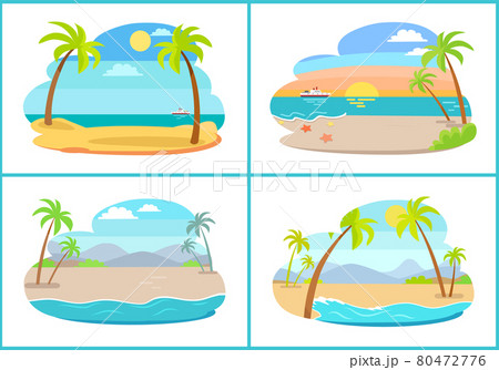 Empty Tropical Sandy Beaches with Tall Palms Set Empty Tropical Sandy Beaches with Tall Palms Set 80472776