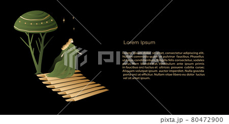 Vector  Template, banner mystic and elf theme, elf girl or fairy running up the golden stairs, copy space. Black, green and gold colors with gradient for decoration 80472900