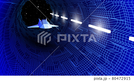 Arcade space ship flying to the gateway in blue corridor 3D landscape with docking lights, 80s style synthwave or retrowave illustration 80472915