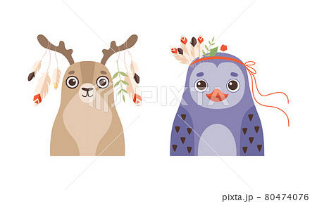 Set of Lovely Animal with Wreath of Flowers on Head, Spring Portraits of Deer and Penguin Lovely Baby Animals Cartoon Vector Illustration 80474076
