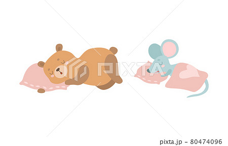 Cute Baby Animals Sleeping in Beds Set, Adorable Bear and Mouse Fell Asleep on Pillows Cartoon Vector Illustration 80474096