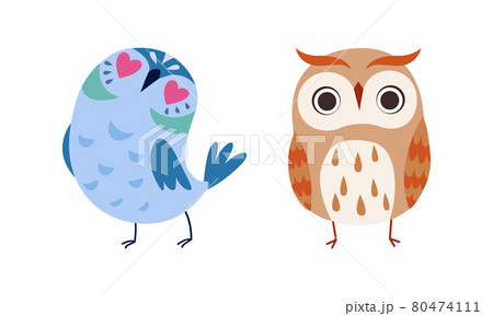 Lovely Colorful Owlets Set, Beautiful Owl Birds Cartoon Vector Illustration 80474111