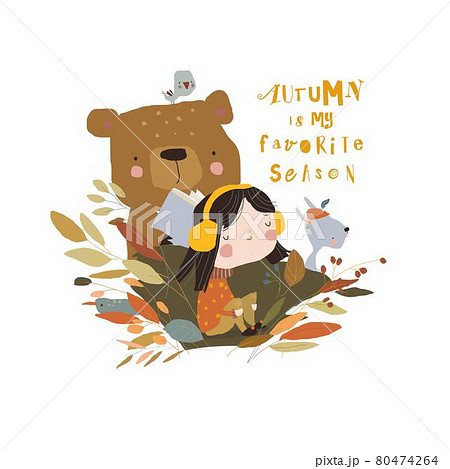 Cute Cartoon Girl meeting Autumn with Bear and Rabbit 80474264