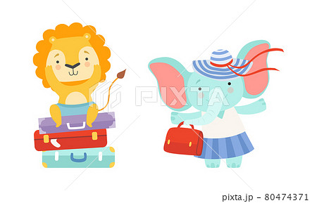 Cute Traveling Baby Animals Set, Amusing Lion and Elephant Characters Going on Trip with Luggage Cartoon Vector Illustration 80474371