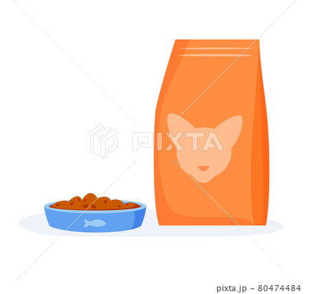 Cat food in bowl. Cat kibble in package or beg. Flat style vector Cat food in bowl. Cat kibble in package or beg. Flat style vector 80474484