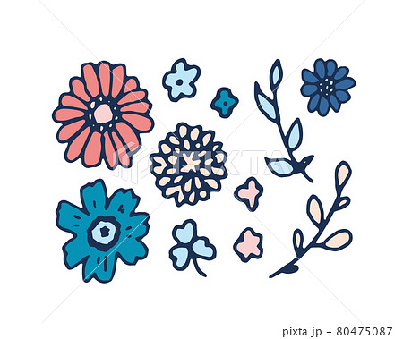 手書きタッチの草木。線画の草木と花イラスト。バラバラパーツ。 80475087