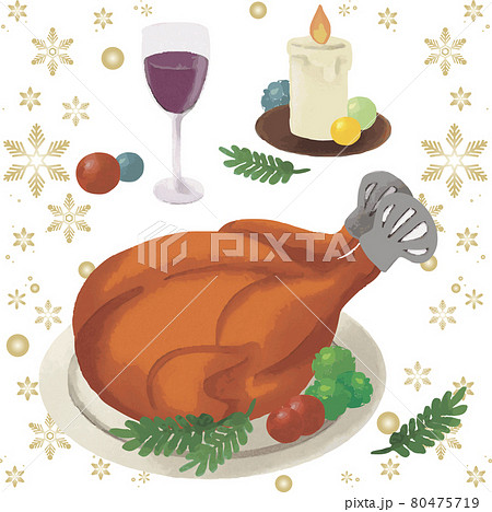 クリスマス ローストチキン パーティ 料理 チキン 水彩 イラスト素材のイラスト素材