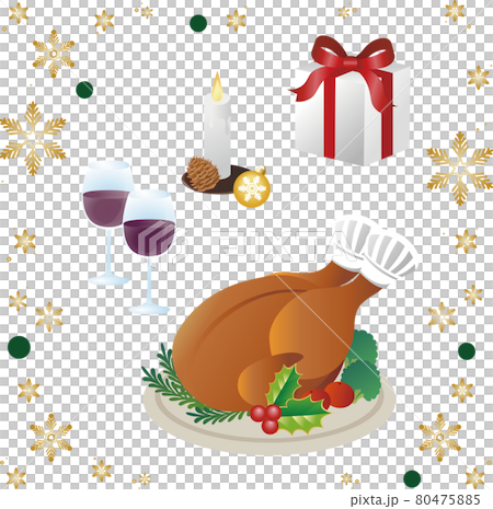 クリスマス　ローストチキン　パーティ　イベント　料理　チキン　シンプル　白バック　イラスト素材 80475885