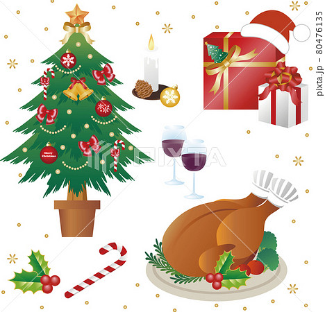 クリスマス クリスマスツリー ローストチキン パーティ 料理 シンプル イラスト素材セットのイラスト素材