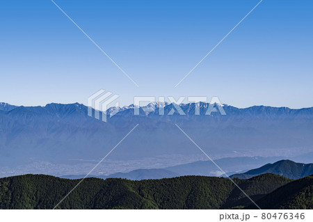 夏の美ヶ原高原　早朝の王ヶ鼻より立山連峰方面の山々を望む 80476346