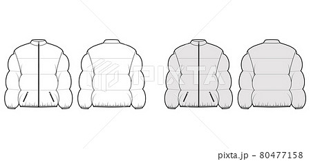 Down puffer coat jacket technical fashion illustration with stand, zip-up closure, boxy fit, hip length, wide quilting 80477158