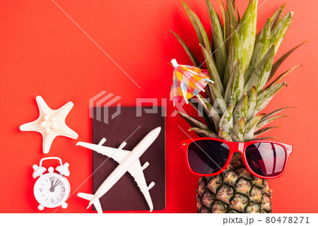 pineapple wear red sunglasses, model plane, starfish, passport and clock alarm 80478271