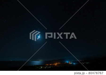 Breathtaking view of a starry sky in deep blue color, moon, Jupiter and Venus line up. Iriomote Island. Breathtaking view of a starry sky in deep blue color, moon, Jupiter and Venus line up. Iriomote Island. 80478767