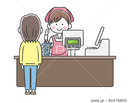スーパーマーケットでレジ打ちをする女性のイラストのイラスト素材