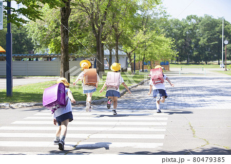 横断歩道を渡る小学生4人 80479385