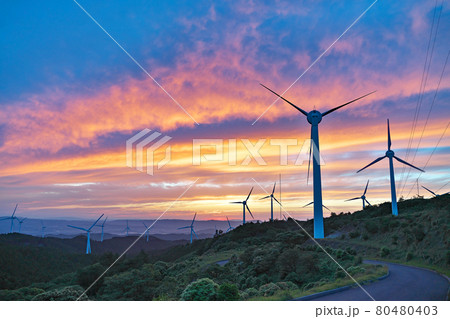 【青山高原の風力発電 (夕刻)】 三重県伊賀市勝地 【青山高原の風力発電 (夕刻)】 三重県伊賀市勝地 80480403