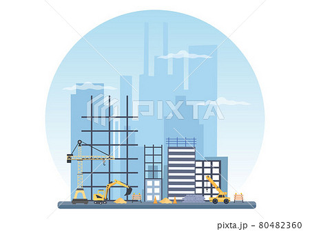 Construction of Building Vector illustration. Architecture Makes Foundation, Pours Concrete, Excavator Digs, Use Machine Tower Cranes. Real Estate Cartoon Business 80482360