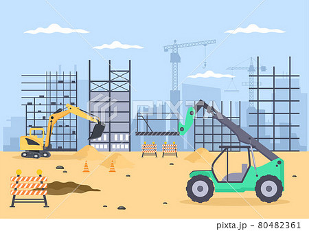 Construction of Building Vector illustration. Architecture Makes Foundation, Pours Concrete, Excavator Digs, Use Machine Tower Cranes. Real Estate Cartoon Business Construction of Building Vector illustration. Architecture Makes Foundation, Pours Concrete, Excavator Digs, Use Machine Tower Cranes. Real Estate Cartoon Business 80482361