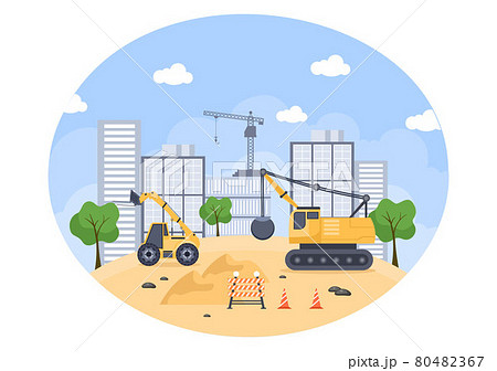 Construction of Building Vector illustration. Architecture Makes Foundation, Pours Concrete, Excavator Digs, Use Machine Tower Cranes, Telehandlers and Dragline Excavators. Real Estate Cartoon 80482367