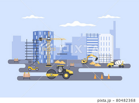 Construction of Building Vector illustration. Architecture Makes Foundation, Pours Concrete, Excavator Digs, Use Machine Tower Cranes, Excavators and Der Molen. Real Estate Cartoon Business 80482368