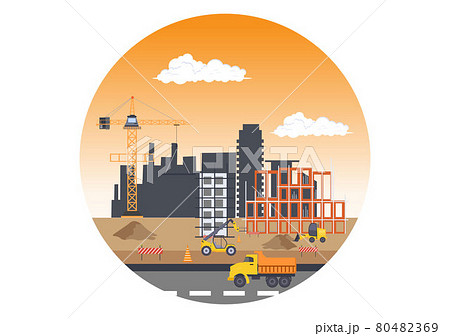 Construction of Building Vector illustration. Architecture Makes Foundation, Pours Concrete, Excavator Digs, Use Machine Tower Cranes and Telehandlers. Real Estate Cartoon Business 80482369