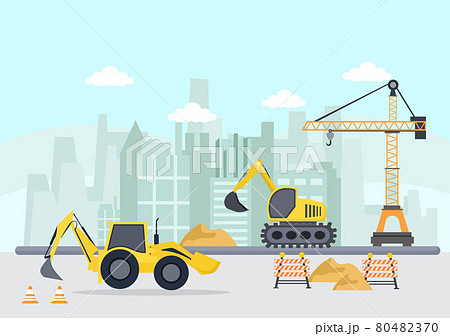 Construction of Building Vector illustration. Architecture Makes Foundation, Pours Concrete, Excavator Digs, Use Machine Tower Cranes and Backhoe. Real Estate Cartoon Business 80482370