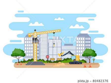 Construction of Building Vector illustration. Architecture Makes Foundation, Pours Concrete, Excavator Digs, Use Machine Tower Cranes and Feller Bunchers. Real Estate Cartoon Business 80482376