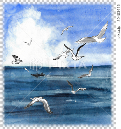 水墨画技法で描かれた海と雲とカモメのイラスト素材 [80483436] - PIXTA