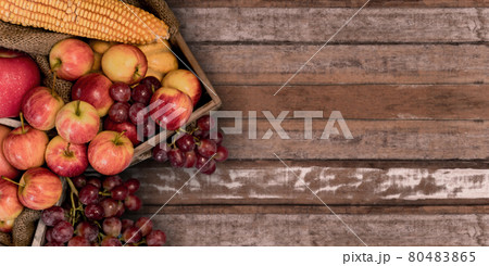 Fall harvest cornucopia. Thanksgiving background. Autumn season with organic fruit 80483865