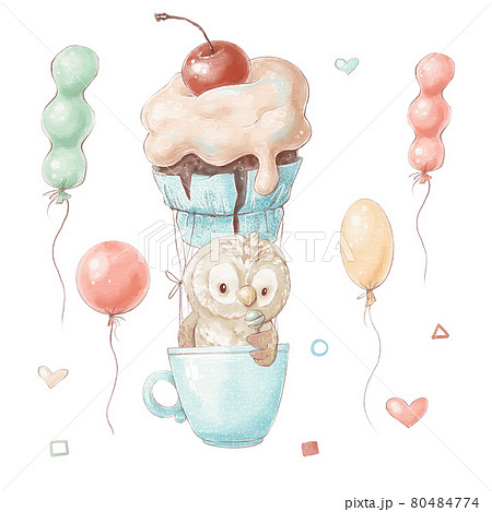 Set of cute cartoon owl in a balloon in the shape of a cake in a cup 80484774