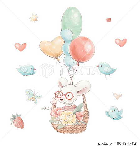 Set of cute cartoon mouse in a basket with flowers and balloons 80484782