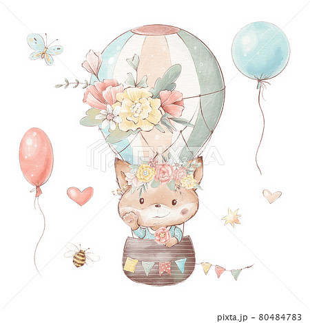 Set of cute cartoon fox in a hot air balloon Set of cute cartoon fox in a hot air balloon 80484783